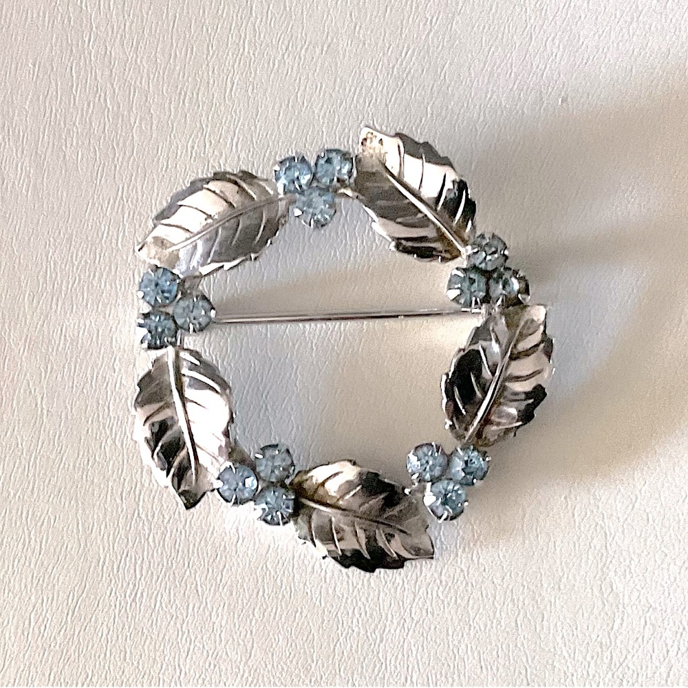 Vintage Amco Sterling Silver Metal Leaf Brooch Blue Rhinestones